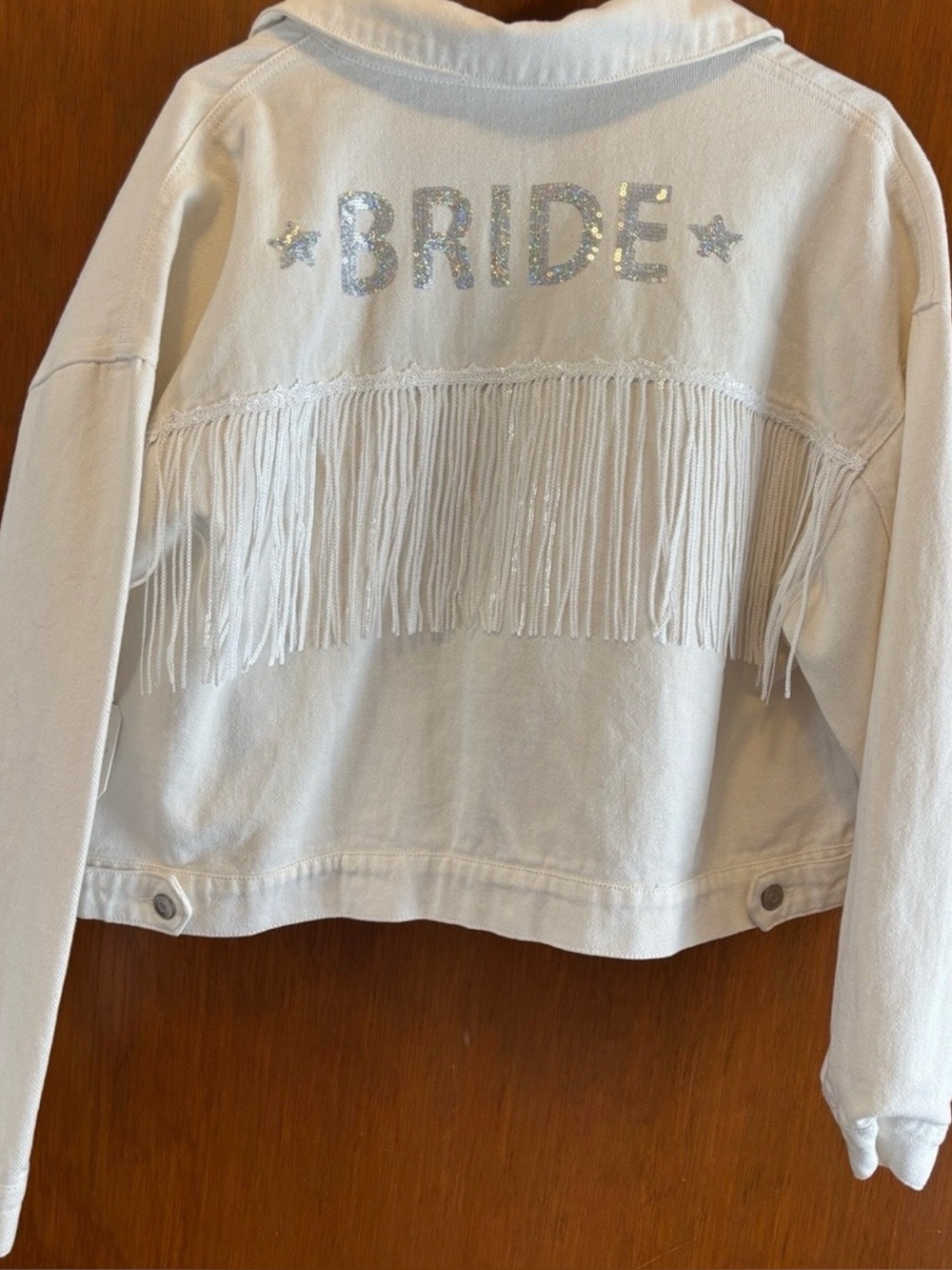 Altar'd State White Denim Fringe 'BRIDE' Jacket